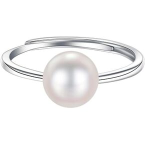 Dtja Shell Pearl 925 Sterling Silver Ring for Women Girls Adjustable Expandable Round Ball Wedding Statement Finger Rings Comfort Fit Simple Elegant Engagement Promise Birthday Jewelry Gift