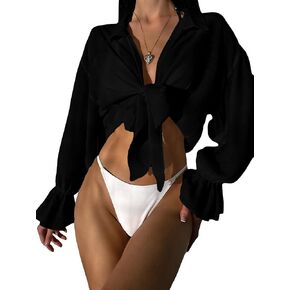 Verdusa Women's Flounce Sleeve Knot Front Swimsuit Cover Up Kimono Cardigan Top