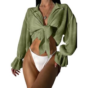 Verdusa Women's Flounce Sleeve Knot Front Swimsuit Cover Up Kimono Cardigan Top