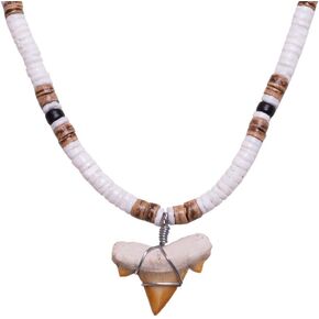 BlueRica Fossil Shark Tooth on Puka Shell Beads Necklace (18" 2S)