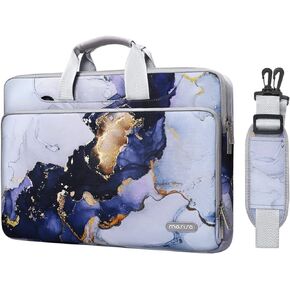 MOSISO 360 Protective Laptop Shoulder Bag Compatible with MacBook Air 15 inch M2 A2941 2023/Pro 16 inch M3 M2 M1 2023-2019, 15-15.6 inch Notebook, Polyester Sleeve with Belt Marble MO-MBH348