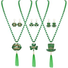 Mardi Gras Necklace Earrings Glitter Jester Love Crown Hat Dangle Hook Earrings Long Beads Chain Tassel Jester Charm Drop Pendant Necklace Mardi Gras Carnival Parade Party Earrings Necklace Jewelry Set for Women Girls