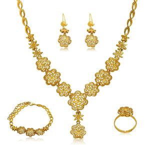 indian Women Jewelry Necklace Set african Dubai Bride Wedding Prom Fashion Jewelry 24K Gold Plated Necklace Bangles Rings Earrings