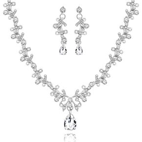 Uloveido Alloy Crystal Wedding Jewelry Sets for Brides Rhinestone Necklace and Drop Earrings Platinum Plated Y644