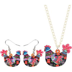 DUOWEI Acrylic Chicken Earring Necklace Jewelry Sets Cute Farm Hen Jewelry for Women Girls Charms Gifts