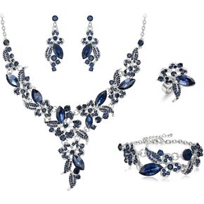 BriLove Womens Jewelry Set Crystal Rhinestones Marquise Teardrop Leaf Cluster Statement Necklace Link Bracelet Dangle Earrings Ring Set for Prom Party