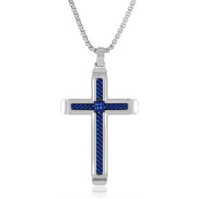 Metro Jewelry 0.02 Carat Black Diamond Cross Pendant Necklace for Men in Stainless Steel with Blue or Black Ion Plating on 24 Inch Chain