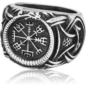 Stainless Steel Viking Runic Compass Vegivisir Ring for Men Women, Norse Pagan Jewelry Ring