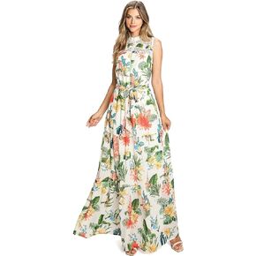 A. Calin by Flying Tomato Women's Tropical Floral Summer High Neckline Maxi Dress