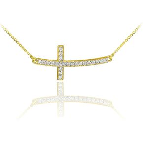 14K White or Yellow Gold or .925 Sterling Silver Cubic Zirconia Curved Sideways Cross Bar Necklace - Choice of Length