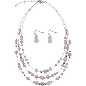 3 Layers Illusion Wire Glass Beaded Statement Necklace and Earring Set for Women