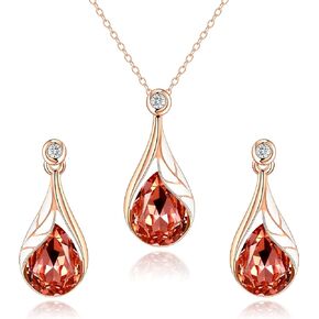 EleQueen Austrian Crystal Leaf Teardrop Necklace Dangle Earrings Sets Valentine's Day/Mother's Day Christmas Jewelry Gift for Women Her