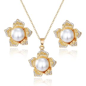 17IF Pearl Flower Earrings Necklace Gold Jewelry Sets For Women Bride Bridesmaids Wedding Party Prom, Dainty Mother Day Jewelry Gifts