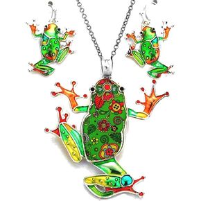 Art Design Silver Tone Frog Pendant Necklace and Earrings Set with 24" Stainless Steel Chain Fashion Jewelr