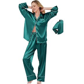 Aliwendy Womens Silk Satin Pajamas Long Sleeve Pj Sets Soft Sleepwear Silky Button-down Loungewear Sets