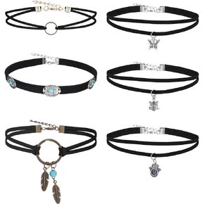 JOERICA 6 PCS Suede Leather Chokers for Women boho Necklaces Chokers Feather Turquoise Adjustable Handmade Necklaces Boho Choker Native American Jewelry for Women