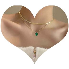 Boho Layered Emerald Choker Necklace Gold Snake Chain Necklace Choker Green Emerald Crystal Pendant Necklace Vintage Flat Herringbone Chain Necklace Jewelry for Women and Girls