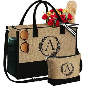 YOOLIFE Gifts for Women - Initial Jute Tote Bag & Makeup Bag Zipper Adjustable Strap Birthday Gifts for Women Mom Her