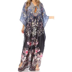 Sakkas Yeni Women's Short Sleeve V-Neck Summer Floral Long Caftan Dress Cover-up