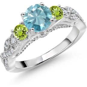 Gem Stone King 925 Sterling Silver Blue Zircon Green Peridot and White Moissanite Engagement Ring For Women (1.71 Cttw, Gemstone December Birthstone, Round 6MM and 3MM)
