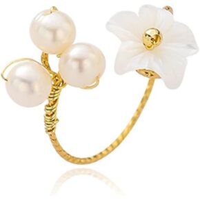 Dainty Shell Pearl Flower Statement Ring for Women Girls Gold Plated Faux Pearls Ball Open Wrap Rings Comfort Fit Adjustable Expandable Handmade Birthday Wedding Anniversary Jewelry Gift