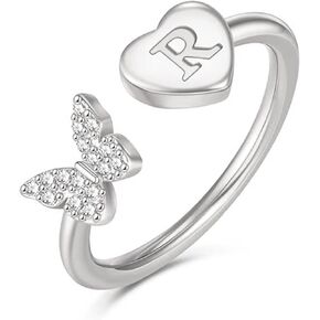 Frodete Silver Butterfly Initial Rings for Teen Girls Stackable Letter Rings Crystal Inlaid Capital Alphabet Ring Open Adjustable Initial rings Jewelry Gifts
