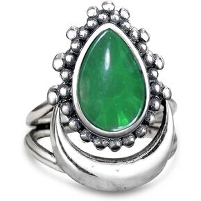 Genuine Clear Transparent Crystal Sun&Crescent Moon Ring for Women Girls,S925 Sterling Silver Waterdrop Shaped Natural Gemstone Quartz Stone Boho Statement Ring Jewelry Gift for Her