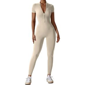 YEOREO Women Short Sleeve Workout Jumpsuit Zip Up Romper Bottom Pants Bodysuit Bodycon Sexy One Piece Cream M