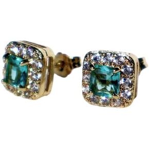 Yellow Gold Emerald and Diamond Square Stud Earrings