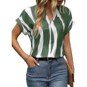 WDIRARA Women's Colorblock Notched V Neck Short Sleeve Blouse Casual Tops