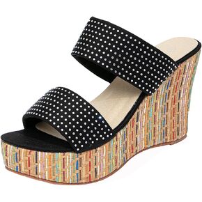 getmorebeauty Women's Wedge Sandals with Rhinestone Shoelaces Platform High Heels Slide Sandals