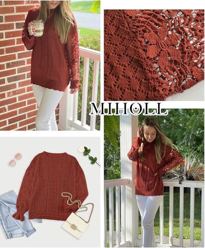 سترة نسائية من MIHOLL مصنوعة من الدانتيل وأكمام طويلة وسترات محبوكة بياقة دائرية in Kuwait