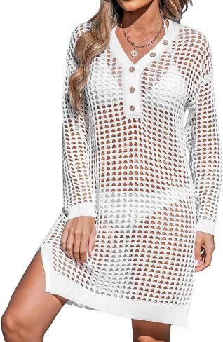 CUPSHE Women's Swim Beach Cover Up Bathing Suit Cover Up Swimsuit Knit V Neck Long Sleeves Button Dress Cover Up in Saudi Arabia
