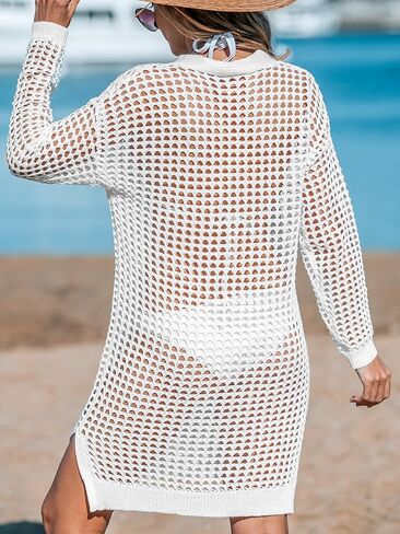 CUPSHE Women's Swim Beach Cover Up Bathing Suit Cover Up Swimsuit Knit V Neck Long Sleeves Button Dress Cover Up in Saudi Arabia