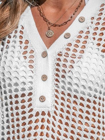 CUPSHE Women's Swim Beach Cover Up Bathing Suit Cover Up Swimsuit Knit V Neck Long Sleeves Button Dress Cover Up in Saudi Arabia