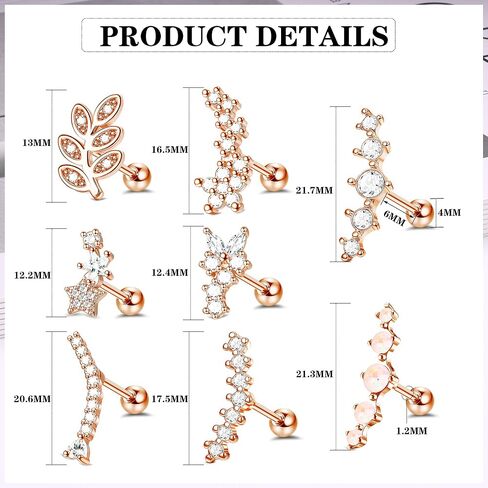 16G Stainless Steel Cartilage Earring Stud for Women Men Leaf Flower Butterfly Star Heart Curved CZ Conch Helix Piercing Jewelry in Saudi Arabia