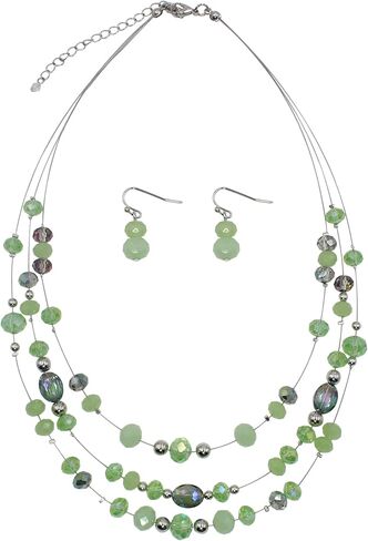 3 Layers Illusion Wire Glass Beaded Statement Necklace and Earring Set for Women in Saudi Arabia