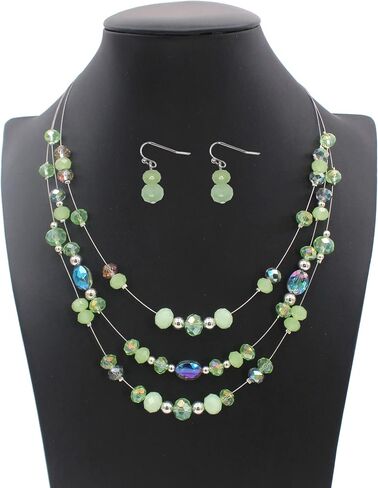 3 Layers Illusion Wire Glass Beaded Statement Necklace and Earring Set for Women in Saudi Arabia