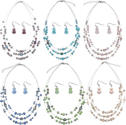 3 Layers Illusion Wire Glass Beaded Statement Necklace and Earring Set for Women in Saudi Arabia