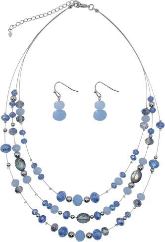 3 Layers Illusion Wire Glass Beaded Statement Necklace and Earring Set for Women in Saudi Arabia
