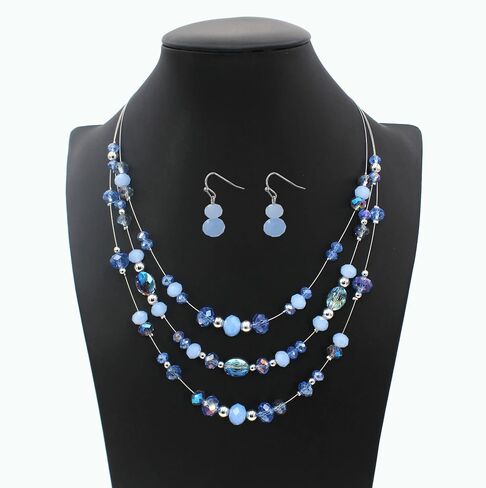 3 Layers Illusion Wire Glass Beaded Statement Necklace and Earring Set for Women in Saudi Arabia
