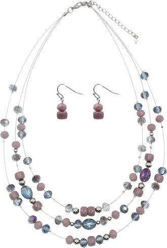 3 Layers Illusion Wire Glass Beaded Statement Necklace and Earring Set for Women in Saudi Arabia