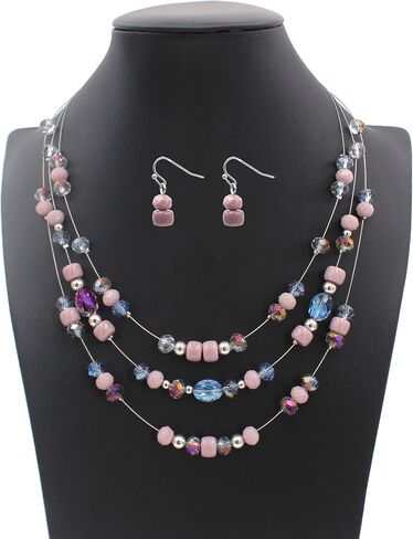 3 Layers Illusion Wire Glass Beaded Statement Necklace and Earring Set for Women in Saudi Arabia