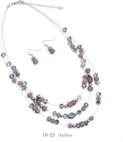 3 Layers Illusion Wire Glass Beaded Statement Necklace and Earring Set for Women in Saudi Arabia