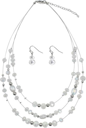 3 Layers Illusion Wire Glass Beaded Statement Necklace and Earring Set for Women in Saudi Arabia