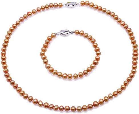 جيه واي اكس بيرل طقم عقد من اللؤلؤ المستزرع في المياه العذبة بلون ذهبي داكن مقاس 7-8 ملم، طقم سوار واقراط in Kuwait