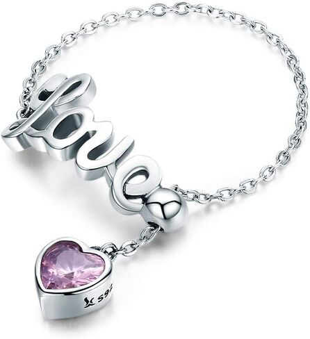 Love Statement Wedding Band Rings Sterling Silver Pink Crystal Cubic Zirconia Adjustable Tassel Link Chain Stackable Eternity Promise Ring Engagement Finger Band Cute Jewelry Gifts for Women Girls in Saudi Arabia