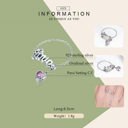 Love Statement Wedding Band Rings Sterling Silver Pink Crystal Cubic Zirconia Adjustable Tassel Link Chain Stackable Eternity Promise Ring Engagement Finger Band Cute Jewelry Gifts for Women Girls in Saudi Arabia