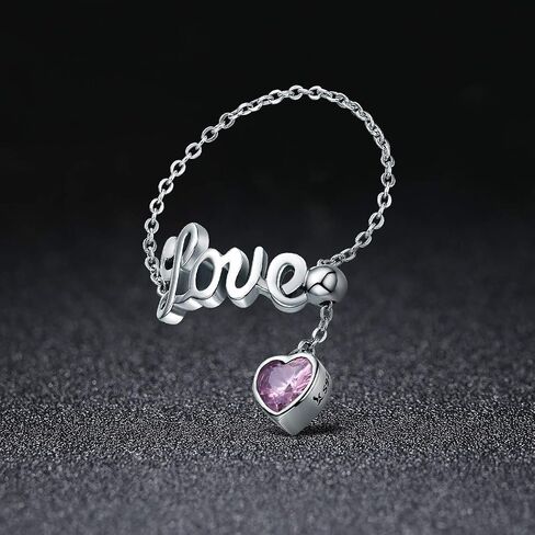 Love Statement Wedding Band Rings Sterling Silver Pink Crystal Cubic Zirconia Adjustable Tassel Link Chain Stackable Eternity Promise Ring Engagement Finger Band Cute Jewelry Gifts for Women Girls in Saudi Arabia