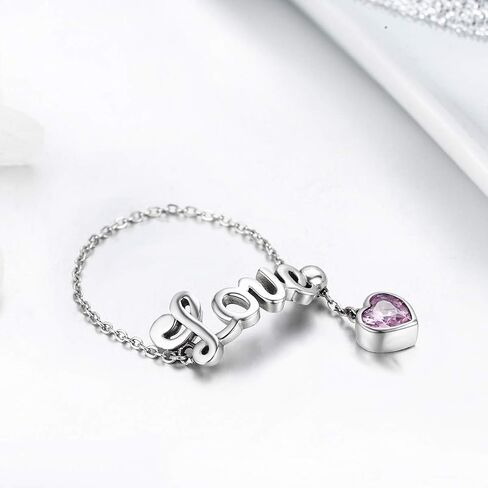 Love Statement Wedding Band Rings Sterling Silver Pink Crystal Cubic Zirconia Adjustable Tassel Link Chain Stackable Eternity Promise Ring Engagement Finger Band Cute Jewelry Gifts for Women Girls in Saudi Arabia